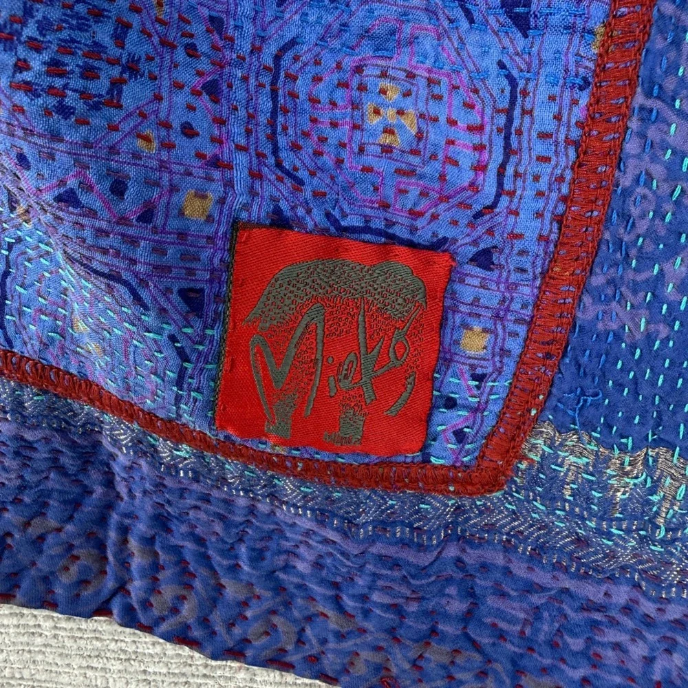 Mieko Mintz Kantha Silk Patchwork Jacket Womens Large Blue‎ Purple Boho Artisan
